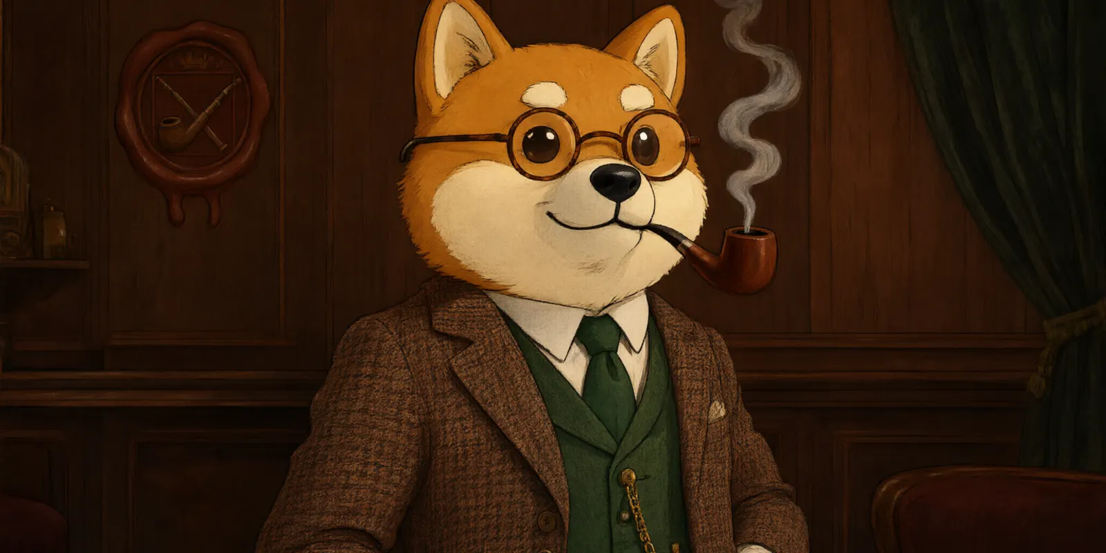 Lord Style, a Shiba Inu in tweed and round spectacles, pipe in hand, in the club's smoking room
