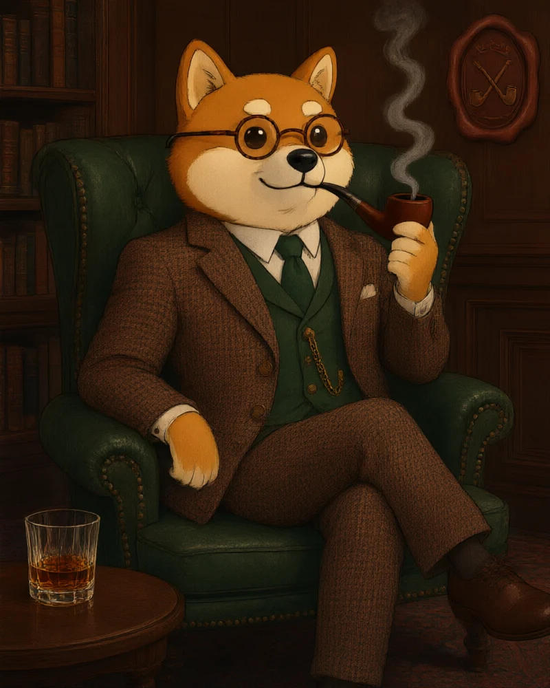 Lord Style seated in a green leather wingback chair with his pipe