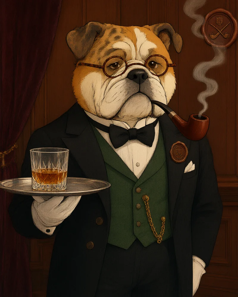 Pemberton, the club's bulldog butler, in a tailcoat holding a silver tray